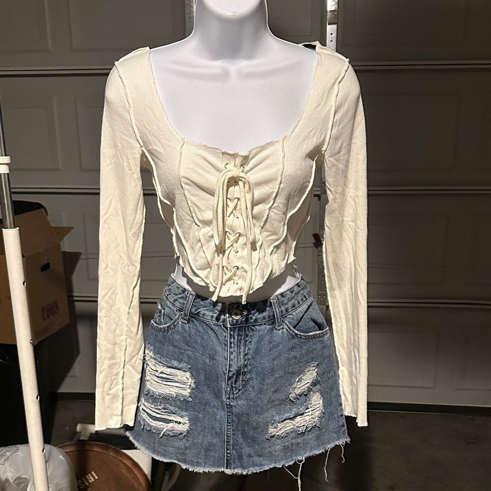Cream Lace-Up Women's Top and Jean skirt